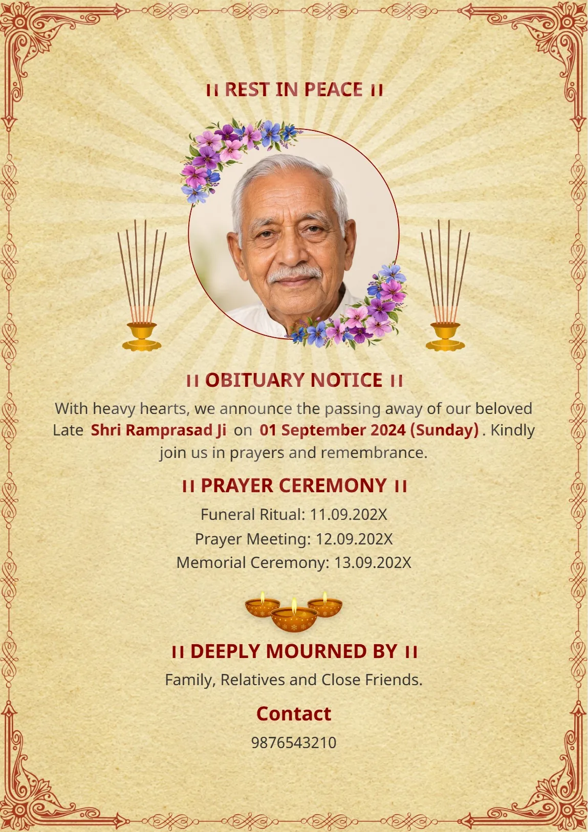 Best Floral Photo Frame Condolence Card – Funeral & Prayer Meeting Invitation