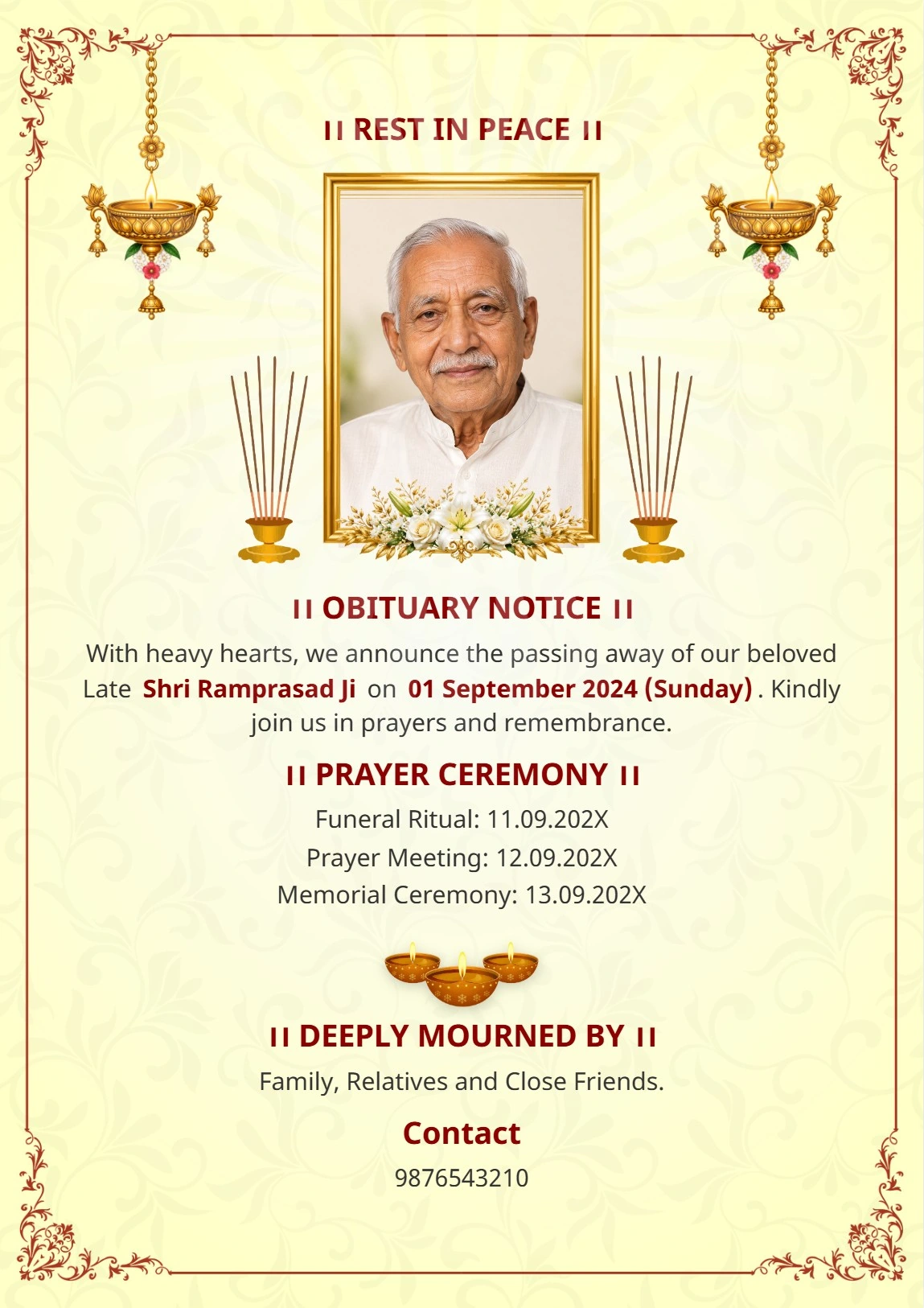 Golden Frame Condolence Card – Memorial Service Invitation